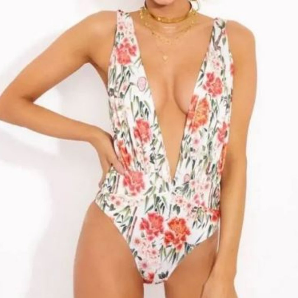 NWT We Are HAH Comin in HAHt one-piece - white / pink / green floral (Size: S)